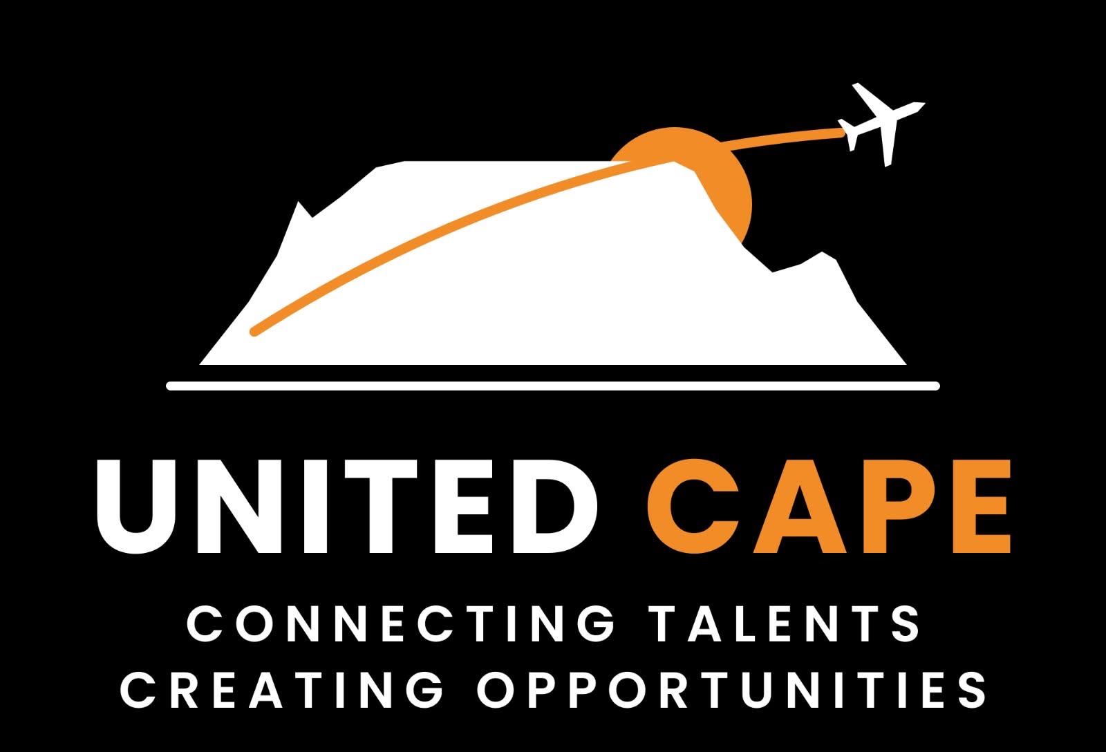 United Cape. Connecting talents, creating opportunities. A white mountain, orange sun and flight path, and white aircraft.